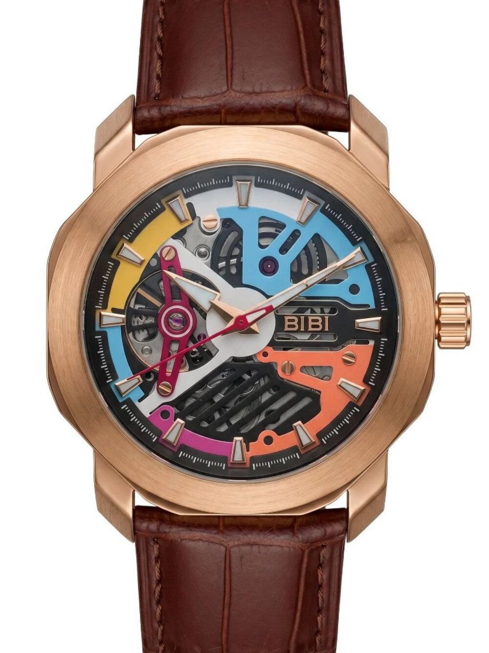 BiBi-B1115 Rose gold case, multi-color dial, coffee leather strap